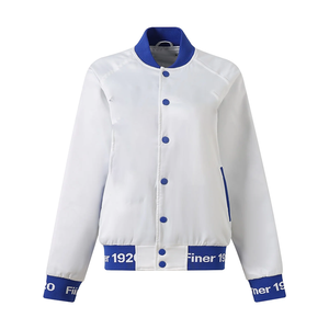 Zeta White Satin Varsity Bomber Jacket Unisex Ligero con cinta personalizada y logotipos de letras griegas bordadas - Product Image 1