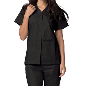 Blusa de manga corta con doble bolsillo y cuello de pico para mujer, ropa de trabajo con bonito diseño, colores sólidos, venta al por mayor - Product Image 2