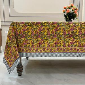 Nappe en tissu imprimé à la main en Inde, motif floral de cymbidium, vert lime, rose, vert, tissu artisanal, couverture pour la décoration de table de Noël - Product Image 5