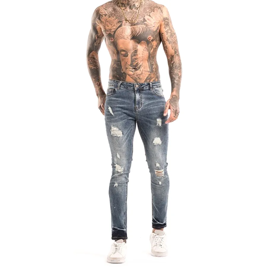 ODM üretimi yeni varış OEM özel tahrip streç erkek sıska Denim pantolon Slim Fit uzun kollu erkek gömlek yırtık kot