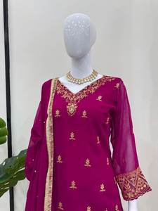 Traje largo elegante para mujer con bordado superior Trabajo Gorgette Encaje de cuatro lados Broder Net Dupatta Ropa india y pakistaní - Product Image 5