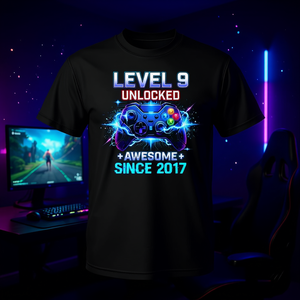 ระดับ 9 ปลดล็อคแล้ว ยอดเยี่ยมตั้งแต่ปี 2017 เสื้อยืดนักเล่นเกมวันเกิดครบรอบ 9 ปี เสื้อยืดโปรโมชั่น - Product Image 3