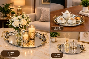 Bandeja Ovalada Plateada con Asas de Rama de Olivo Dorada, Artesanía Metálica Hecha a Mano, Decoración de Mesa Contemporánea, Accesorio para Sala de Estar - Product Image 2