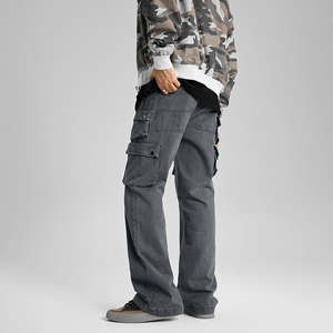 Pantalones Cargo grises de estilo callejero de alta calidad para hombre, pantalones vaqueros holgados apilados, pantalones vaqueros de diseñador rectos con bolsillo lateral para hombre - Product Image 5