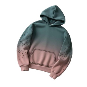 OEM Oversized Heavyweight 100% Cotton Solid Knitted Zipper-Up Hooded Collar Rhinestone Hoodie Custom Vintage Winter - Product Image 1
