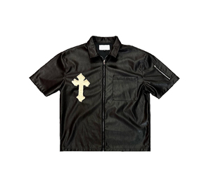 Chemises en cuir Boxy de qualité supérieure avec logo personnalisé OEM Chemises polo en cuir à écussons zippés surdimensionnés pour hommes - Product Image 2