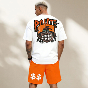 Ensemble T-shirt blanc pour homme avec imprimé dessin animé orange et short orange, style streetwear, tenue d'été, col rond, coton tricoté - Product Image 2