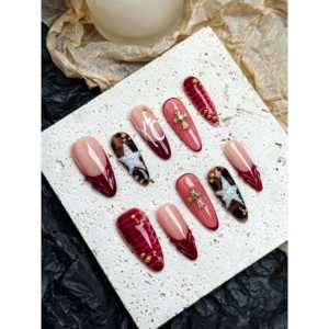 Uñas Postizas Color Borgoña con Diseño Cruzado - Product Image 3