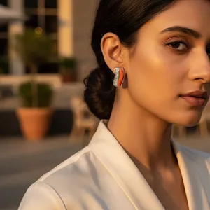 Boucles d'oreilles tendance en argent, zircon orange, perle et diamant, plaqué rhodium, bijoux religieux à la mode pour femmes, pour les fêtes, cadeaux - Product Image 3