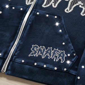 Survêtement unisexe 100 % coton évasé avec broderie strass, effet délavé, à capuche, style streetwear, patchwork - Product Image 5