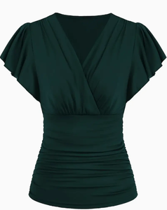 Women's Clothing Solid Color Slim Ruched <b>T</b>-<b>Shirt</b> Elegant Surplice Neck Short Sleeve <b>T</b>-<b>Shirt</b> For Plus size women - Product Image 4