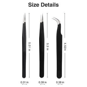 Ensemble de pinces à extensions de cils noires faites à la main en 3 pièces, comprenant des outils à cils droits, incurvés et pointus - Product Image 6