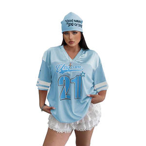 Maillot de football américain en maille surdimensionnée pour femmes bleu ciel col en v Streetwear haut personnalisé à manches courtes Varsity Hip Hop Sportswear - Product Image 1