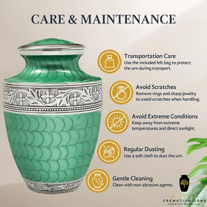 Urnes funéraires artisanales vertes et argentées pour adulte, 10 pouces, avec sac en velours - Product Image 6