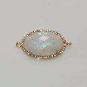 Pendentif en argent sterling 925 avec pierre de lune arc-en-ciel naturelle plaqué or, forme ovale, breloque, connecteur à deux boucles, 40x19mm, feu bleu - Product Image 1