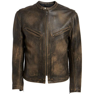 Chaqueta de Cuero Vintage con Cuello Alto y Capucha, Chaqueta de Motociclista de Moda, Cuero Genuino Marrón, Piel de Vaca Clásica, Logotipo Frontal para Hombre - Product Image 2