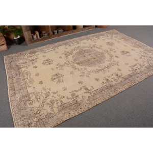 Vintage Turkish Rug 5.8x9.1ft Beige <b>Brown</b> Flat Weave <b>Wool</b> with Patchwork Pattern for Living Room Decorations or Hallway Use - Product Image 5