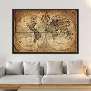 Art mural en verre avec carte du monde vintage : toile imprimée, décoration style Ancien Monde, toile encadrée noire - Product Image 1