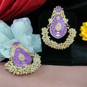 Delicate Elegant <b>Dangle</b> <b>Earrings</b> Hand Painted Chandbalis with <b>Pearls</b> Unique Artistic Soft Graceful Touch Fashion Accessory - Product Image 5