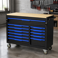 Coffre à outils mobile professionnel noir et bleu à douze tiroirs avec plan de travail en bois pour l'organisation de garage et d'atelier