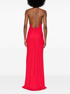 Robe de soirée Maxi trapèze sans manches à col licou rouge avec fente frontale centrale et dos nu design en mousseline de soie antistatique soirée de bal/fête - Product Image 5