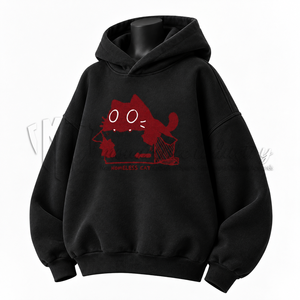 Women's Black Hoodie Cartoon Red <b>Cat</b> Print Casual <b>Sweatshirt</b> Front Logo Knitted Cotton Autumn Wear - Product Image 3