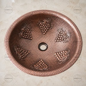 Handmade Copper Vessel <b>Sink</b> Single Bowl <b>Round</b> Rustic Matte Hammered Surface Grape Design Counter <b>Bathroom</b> <b>Sink</b> Easy Clean DIVRIS - Product Image 1