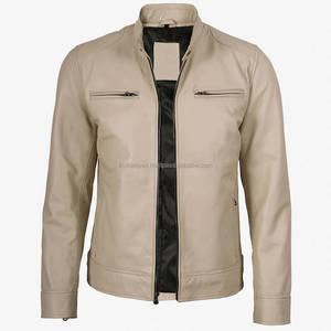 Chaqueta de Motociclista de Cuero Auténtico Beige para Hombre, Estilo Urbano, Cuello Alto, Cierres Frontales, Cintura Ajustable, Transpirable, para Invierno - Product Image 3