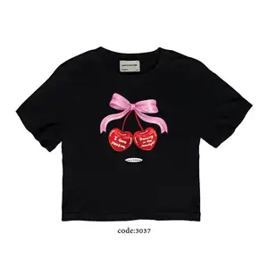 Wholesale Customized summer Girls Short Sleeve crop top Cute cherry Print T-Shirt with DFT 100% Cotton T-Shirts