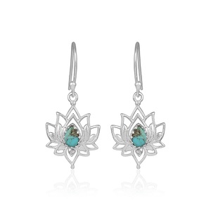 Naturel Tibétain Turquoise Gemme Lotus Conception Nature Inspiré Argent Sterling 925 Fine Dangle Femmes Boucles D'oreilles Fournisseur De Bijoux - Product Image 1