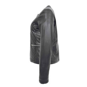 Chaqueta de cuero negro con logotipo personalizado para mujer nueva moda sin cuello manga larga cremallera suave acolchado transpirable teñido procesado - Product Image 3