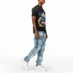 Pantalon cargo en denim décontracté pour homme, coton de haute qualité, jean bleu clair, décoration boutonnée, taille mi-haute, style droit, lavage moyen - Product Image 5