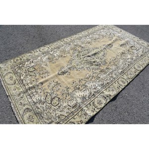 Alfombra turca Vintage Beige clásica 5,3X9,7 pies Diseño de retazos hecho a mano Material de viscosa de lana Respaldo de látex para uso en la sala de estar - Product Image 2