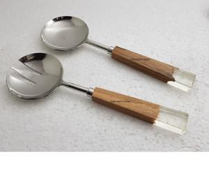 Cuillères plates de cuisson et de service à salade en acier inoxydable à la mode avec poignée en laiton incrusté de résine et outils à salade plaqués argent - Product Image 4