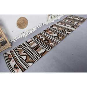 Turkish Rug, 2.5x10.5 ft Runner Rug, <b>Brown</b> Black Kilim <b>Wool</b> Rug - Product Image 1