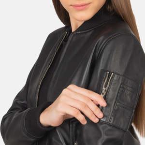 Blouson bomber Ava Ma-1 à col montant en cuir noir pour l'automne - Product Image 6