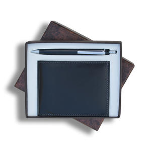 Genuine Leather Men's <b>Wallet</b> and Metal Ballpoint Pen Gift Set RFID Feature Long Length for Promotions or Business Use - Product Image 2