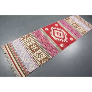 Alfombra turca vintage de 2.6x8.1 pies (80x246 cm), alfombra de lana roja con lunares - Product Image 1