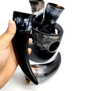 Authentic Viking Artisan Craft Drinking Horn Set Handcrafted 4-Piece Nautical Style <b>Shot</b> <b>Glass</b> Stand Animal Design Polished - Product Image 4