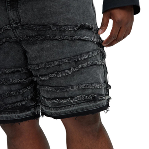 <b>Mens</b> <b>Black</b> Washed Denim <b>Shorts</b> Heavy Distressed Frayed Layered Detail Casual Streetwear Relaxed Fit Summer Fashion 100% Cotton - Product Image 5