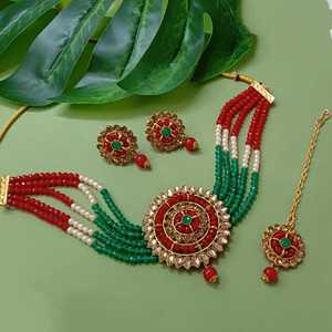 Joyería de boda india Faux Pearl Beaded Multi Layered CZ Crystal Gargantilla Pendientes nupciales Mangtikka Jewelry Set, Muli Color - Product Image 2