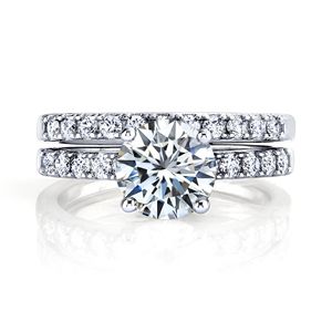 Moissanite ronde en or blanc 18 carats sur argent sous halo ensemble de bagues de fiançailles de mariage - Product Image 1