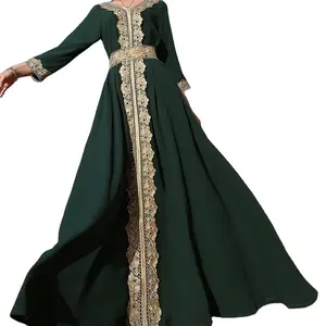 アラビア刺繍ドレス新しいイスラム教徒の女性グリーンカフタンイスラムマキシドレス長袖アラブジルババアバヤインドからの卸売