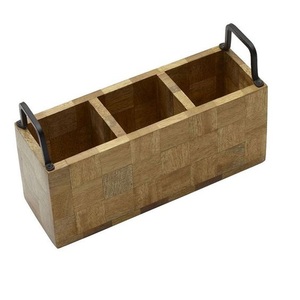 Handmade Natural Wood Serving Caddy Decorative <b>Kitchen</b> Organizer for <b>Storage</b> Tableware Cutlery Office Use With Metal Handle - Product Image 4