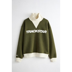 Sudadera Oversize Verde Oliva para Mujer con Cuello Alto y Estampado Color Block Marfil, Top Pullover Trackstar OEM Marca Privada - Product Image 1