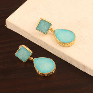 Boucles d'oreilles carrées en forme de poire, Double pierre naturelle, sucre aquatique, Druzy, clou plaqué or, boucles d'oreilles pendantes, cadeau pour elle - Product Image 4