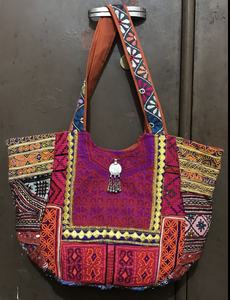 Colourful Cotton Fabric Kantha Stitch Vibrant Indian Banjara Geometric Pattern Casual Tote <b>Bags</b> Hand-Stitched Beading Embroidery - Product Image 4