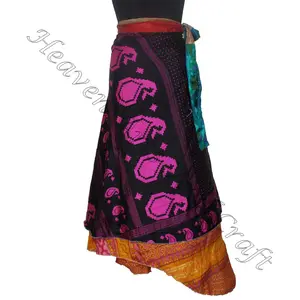 Indian Vintage Silk Sari Wrap Skirt Bohemian Magic Women 2 Layer Reversible Magic Silk Saris Wrap Long Skirt silk skirt