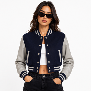 Navy <b>Pink</b> PU Leather Varsity <b>Jacket</b> Regular Fit Turn-down Collar Preppy Style Single Button Closure Unisex Autumn Wear - Product Image 6