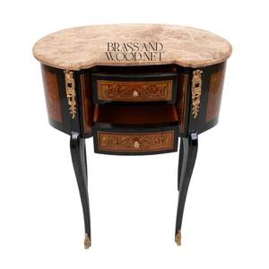 Table console classique en bois noir avec deux tiroirs, plateau en marbre, pieds incurvés, ornements en laiton et incrustations décoratives - Product Image 3
